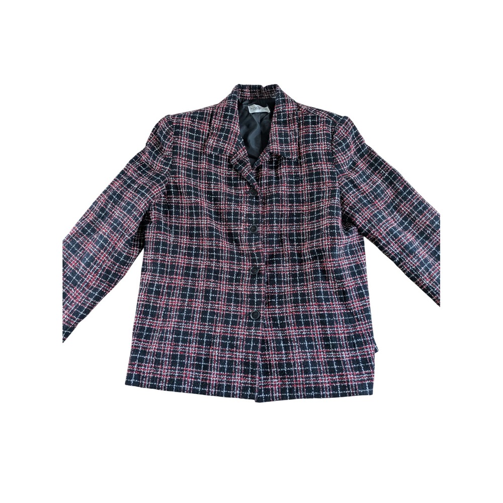 Villager Liz Claiborne Women Black Red Plaid Tweed Button Front Blazer Jacket